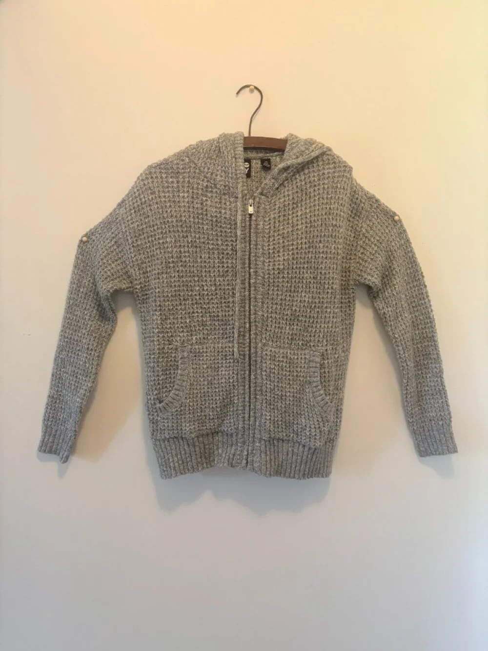 Grey Roxy Sweater with Zipper, Pockets, and Hood. Size Large. Retail $78.